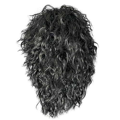 Watt's Wigs - 80s Hair Metal Rocker Costume Set - Glam Rock Band Black Curly Wig with Paisley Print Stretch Fabric Headband, Color Tattoo Sleeve, and Biker Glove - One Size Fits All (Black)