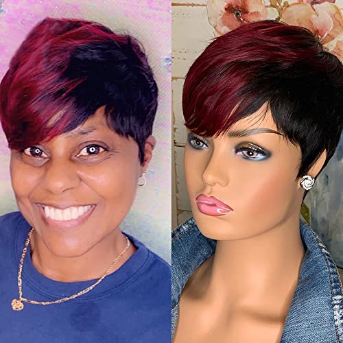 SAEIALL Short Pixie Cut Wig Human Hair for Black Women Colored Haircut Wigs None Lace Frontal Wigs Glueless Easy to Wear Put On and Go Wig (Black with Burgundy)