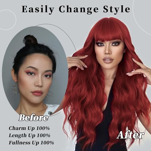 Lativ Red Wig With Bangs Long Red Wigs for Women 26 Inches Curly Wavy Hair Natural Looking Heat Resistant Fiber Wig for Girls Halloween Party Use