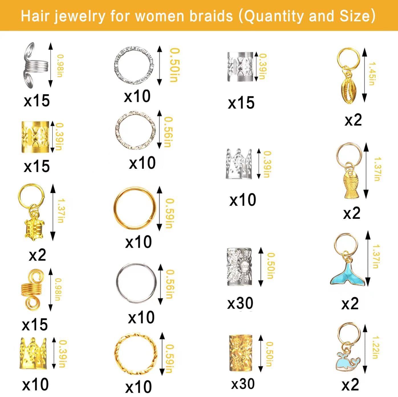 Nafaboig 200PCS Hair Jewelry for Braids, dreadlock accessories, Loc Hair, Braid Rings Clips Beads Braiding Cuffs Charms Decoration Girls Women