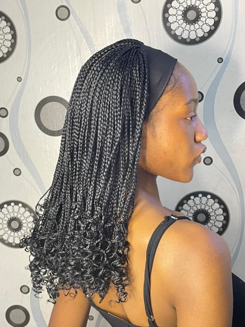 RealWigs 18” Black Headband Braided Wig Box Braids with Curly Tips