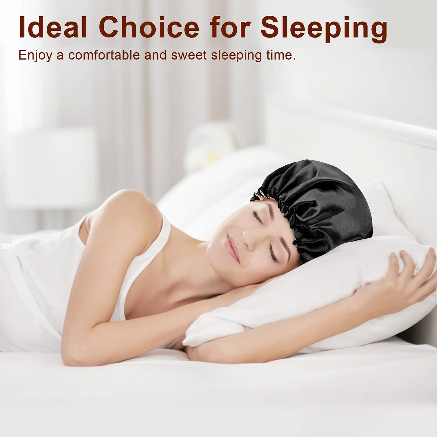 Atudew Satin Bonnet, 2PCS Silk Bonnet, Hair Bonnet for Black Women for Curly Hair Sleeping, Silk Sleeping Cap, Satin Sleep Cap, Satin Night Cap, Hair Cap for Sleeping, Sleep Bonnet, Black & Pink