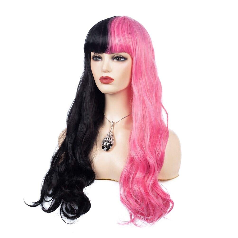Beweig Half Pink Half Black Wavy Wigs Long Curly Wavy Split Synthetic Wig with Bangs Halloween Cosplay Wigs for Women