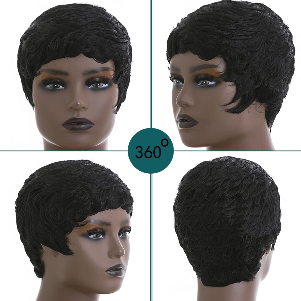 Short Pixie Cut Wigs for Black Women Short Natural Black Curly Wig With Bangs Synthetic Hair Pixie Wig for Women Pixie Cut Wigs Layered Hair Wig (Natural Black)