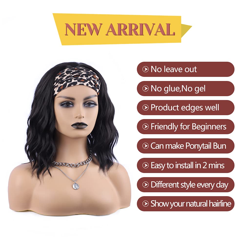 MORICA Headband Wig Short Wavy Wigs for Black Women Black Bob Wig Glueless Synthetic Shoulder Length Wigs 16 Inch Headwrap Wigs with Headband Attached
