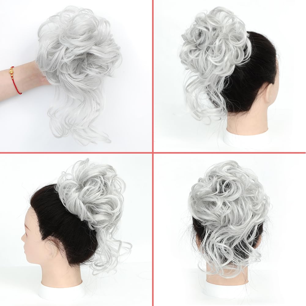 KETHBE Messy Bun Hair Piece Tousled Updo Hair Buns Extension Elastic Hair Band Hair Pieces Curly Hair Bun Scrunchie For Women (Silver Gray)