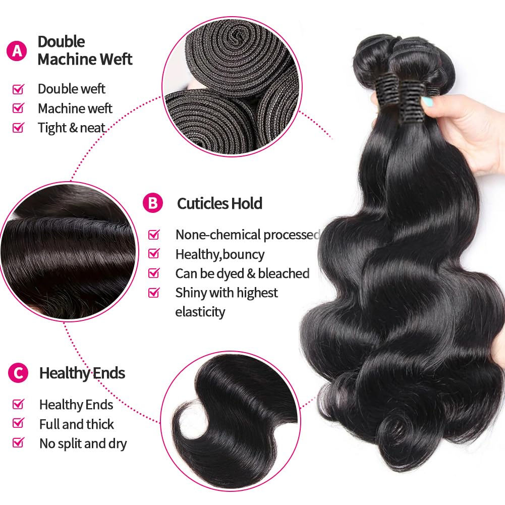 MDL 12A Human Hair Bundles 16 Inch Body Wave Bundles Human Hair 100% Unprocessed Brazilian Virgin Weave Bundles 1 Bundle Real Natural Black Wavy for Women Natural Color