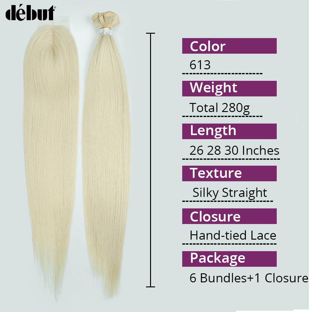DÉBUT Silky Straight Synthetic Hair 6 Bundles with Lace Front Closure 613 Color Long Straight Hair Bundles Weave with Hand-Tied Middle Parting Lace Closure