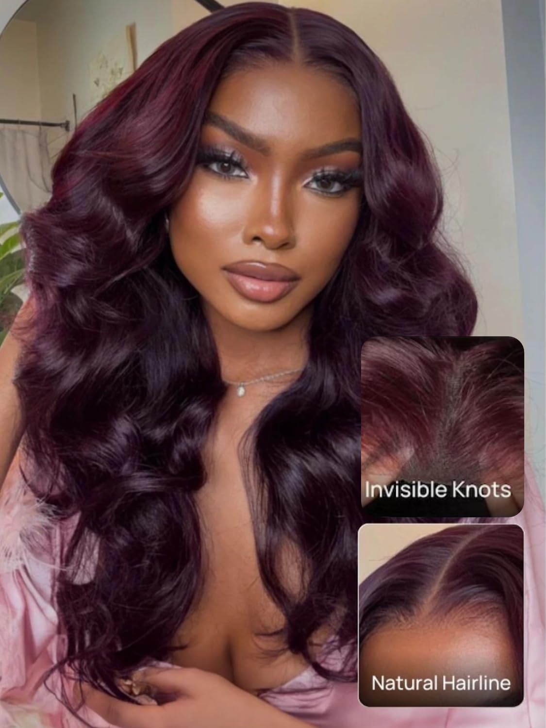 KLAIYI Black Cherry Layered Straight 13x4 Precut Lace Front Wigs Human Hair Bye Bye Knots Glueless Ready to Wear and Go Wig Drawstring Pre Plucked Bleached Dark Burgundy Wine Red Pre Everything 26Inch