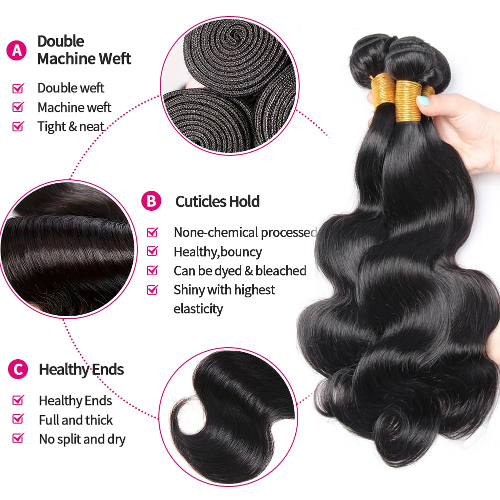 12A Grade Human Hair Bundles Body Wave Bundles Human Hair 26 28 30 Inch 100% Unprocessed Brazilian Virgin Hair Body Wave 3 Bundles Human Hair Extensions for Black Women Natural Color(26 28 30 Inch)