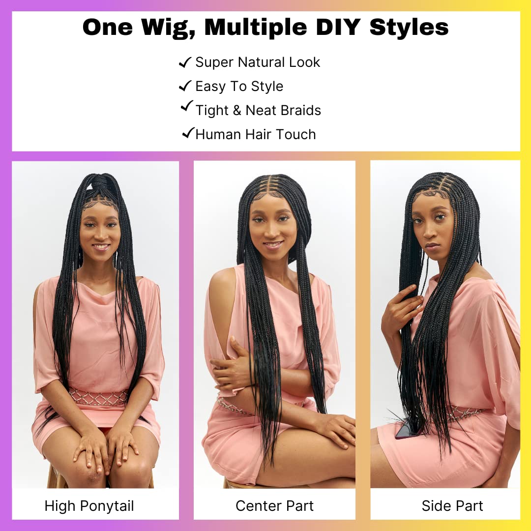 Wow Braids Box Braid Wig - Knotless Braided Wigs for Black women, with 360 glueless Full Swiss Lace Cap, & Human Baby Hair Frontal, Synthetic Long Neat African Handmade Braiding - 36 inch/Black