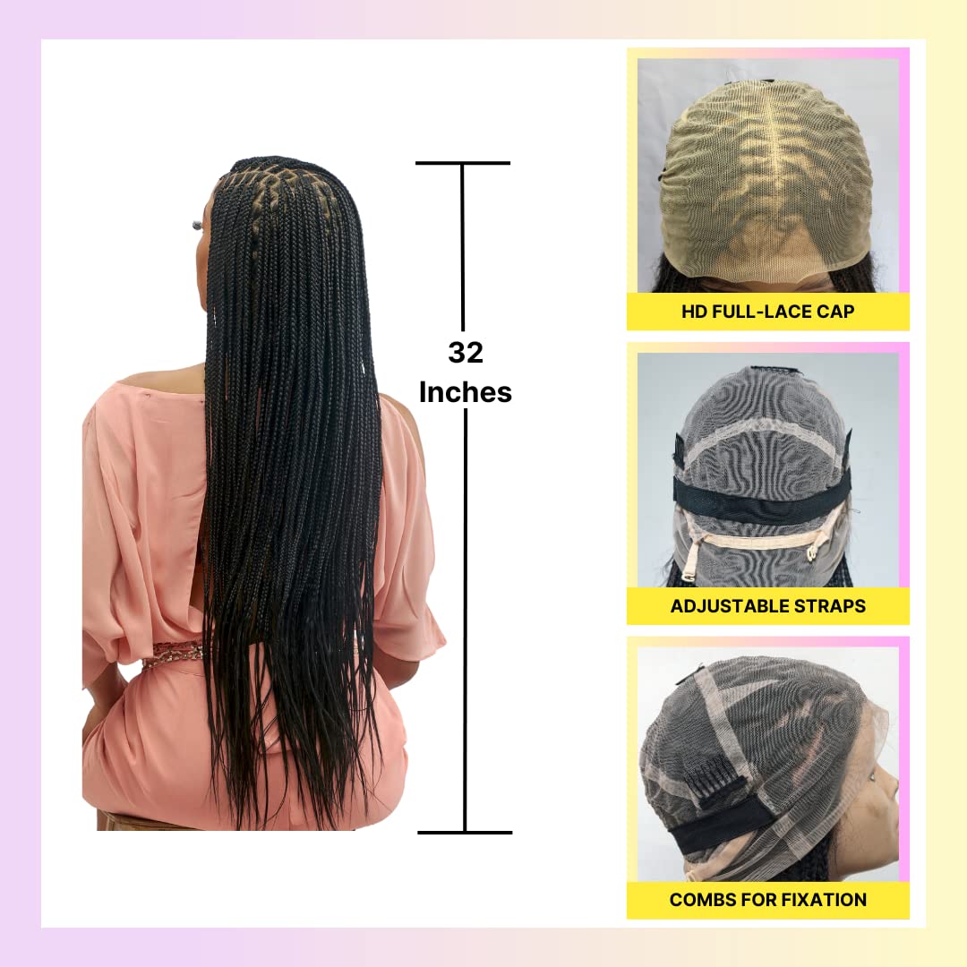 Wow Braids Box Braid Wig - Knotless Braided Wigs for Black women, with 360 glueless Full Swiss Lace Cap, & Human Baby Hair Frontal, Synthetic Long Neat African Handmade Braiding - 36 inch/Black