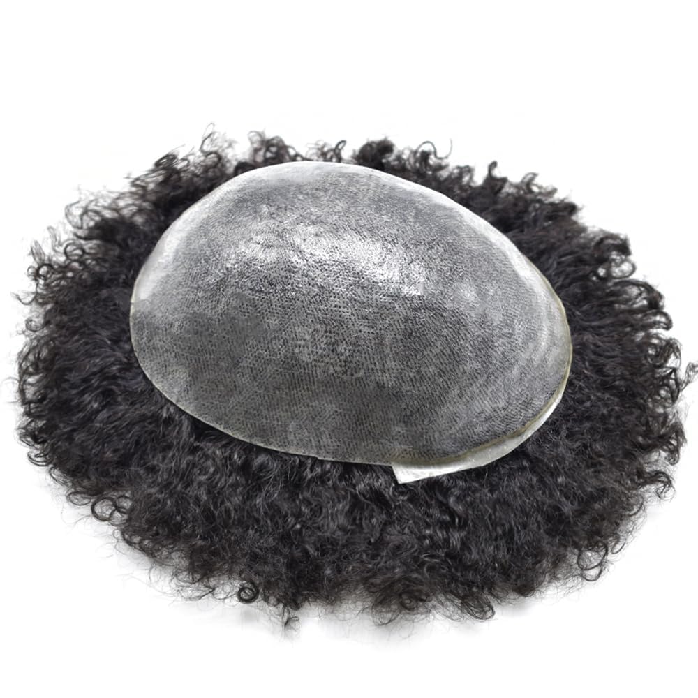 Blayzehair Afro Toupee for Black Men Kinky Curly Brazilian Human Hair Piece African American Wavy Hairpiece Full Poly Thin Skin PU Replacement System(8x10-120% Density,#1 Jet Black-8MM Wave)