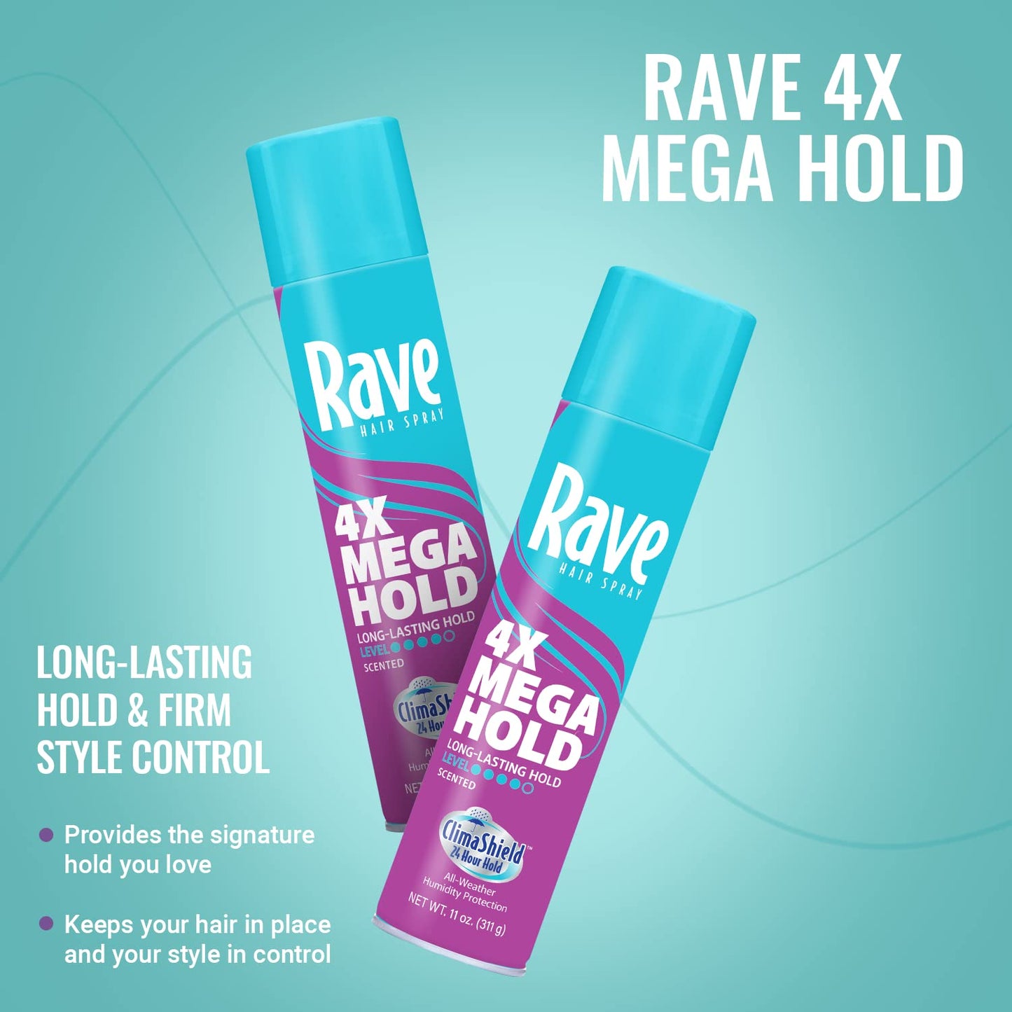 rave 4X Mega Long-Lasting Firm Hold Scented Hair Spray for Heat Protection, Volume and Shine - ClimaShield for Extra Humidity & Minimizes Frizz (Pack of 2)