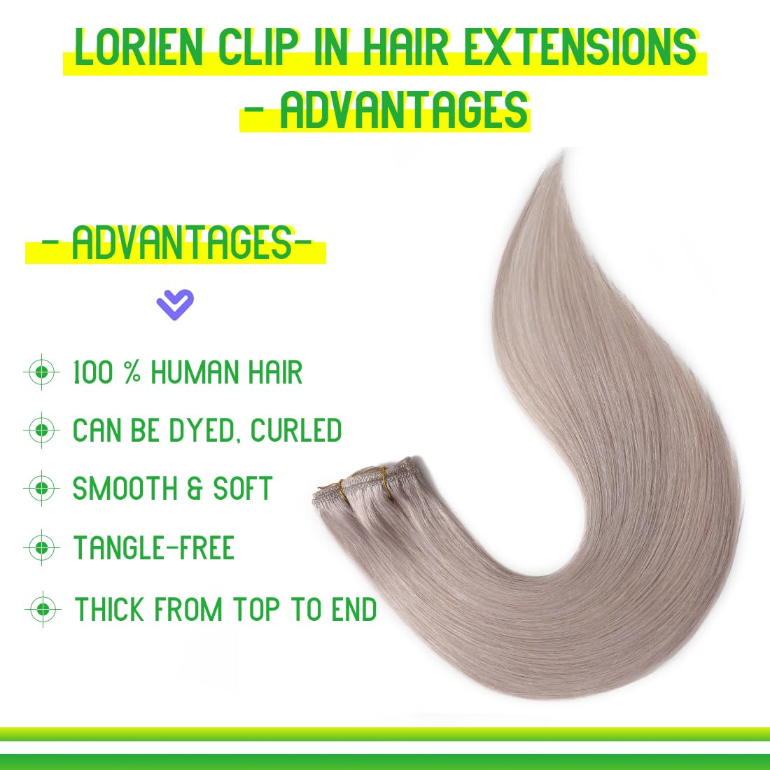 LORIEN Silver Grey Clip in Hair Extensions Real Human Hair Clip ins Remy Human Hair Clip in Extensions Invisible Natural Straight Seamless Clip on Hair Extensions 8pcs Double Weft 18 Inch 100g