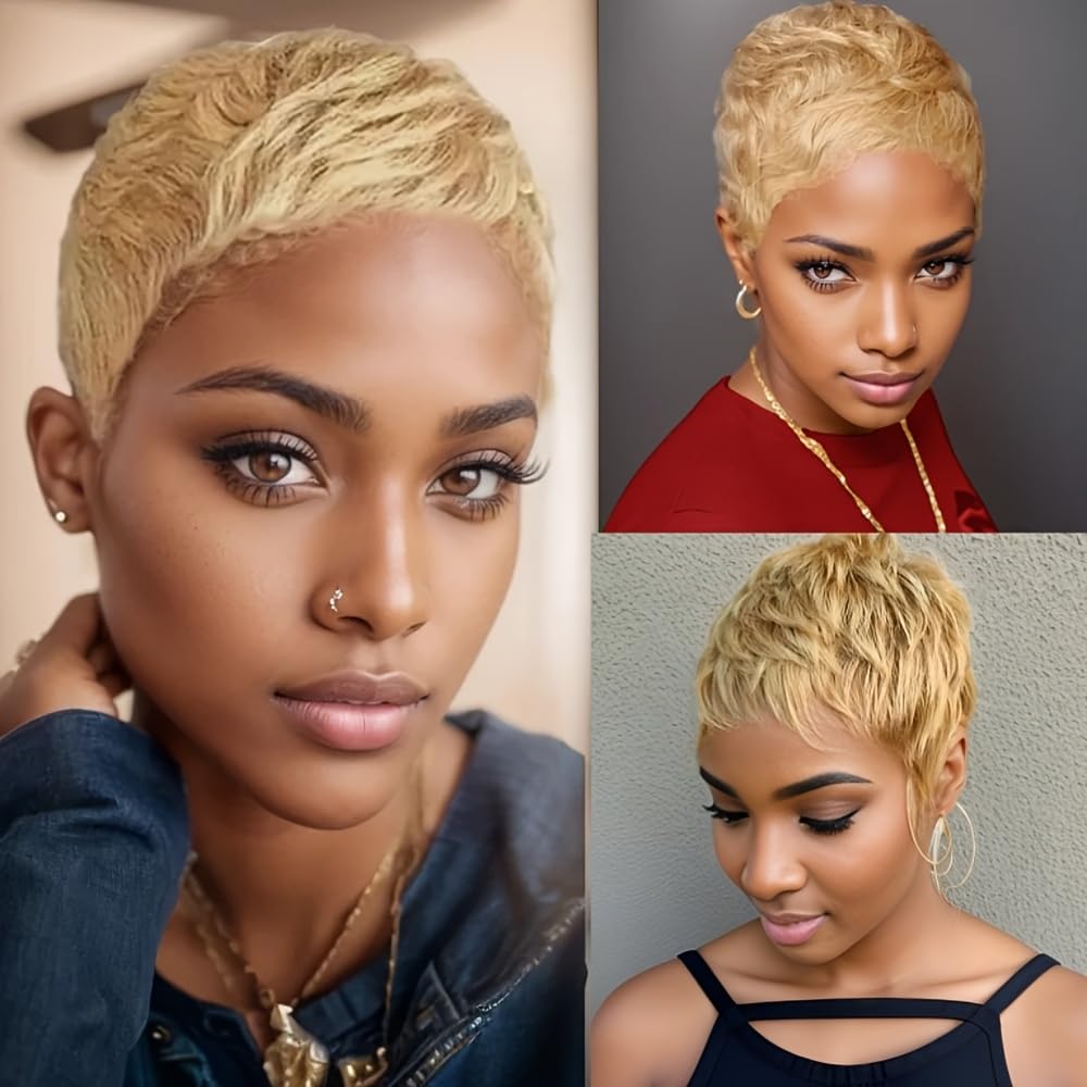 Amecire Brazilian Human Hair Pixie Cut Wig for Women Honey Blonde 180% Density Straight Short Wig with Bangs Non Lace Front Rose Net Cap for Party Cosplay Daily Use