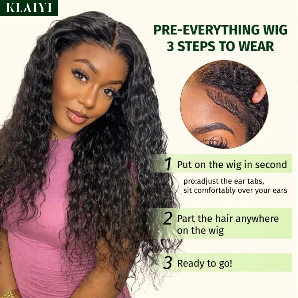 KLAIYI Bye Bye Knots Glueless Wig Pre Cut Water Wave HD Lace Front Wigs Human Hair Pre Bleached Pre Plucked Ready to Go Wigs for Women 30S Easy to Wear Put On and Go Curly Wig Beginner Friendly 26inch
