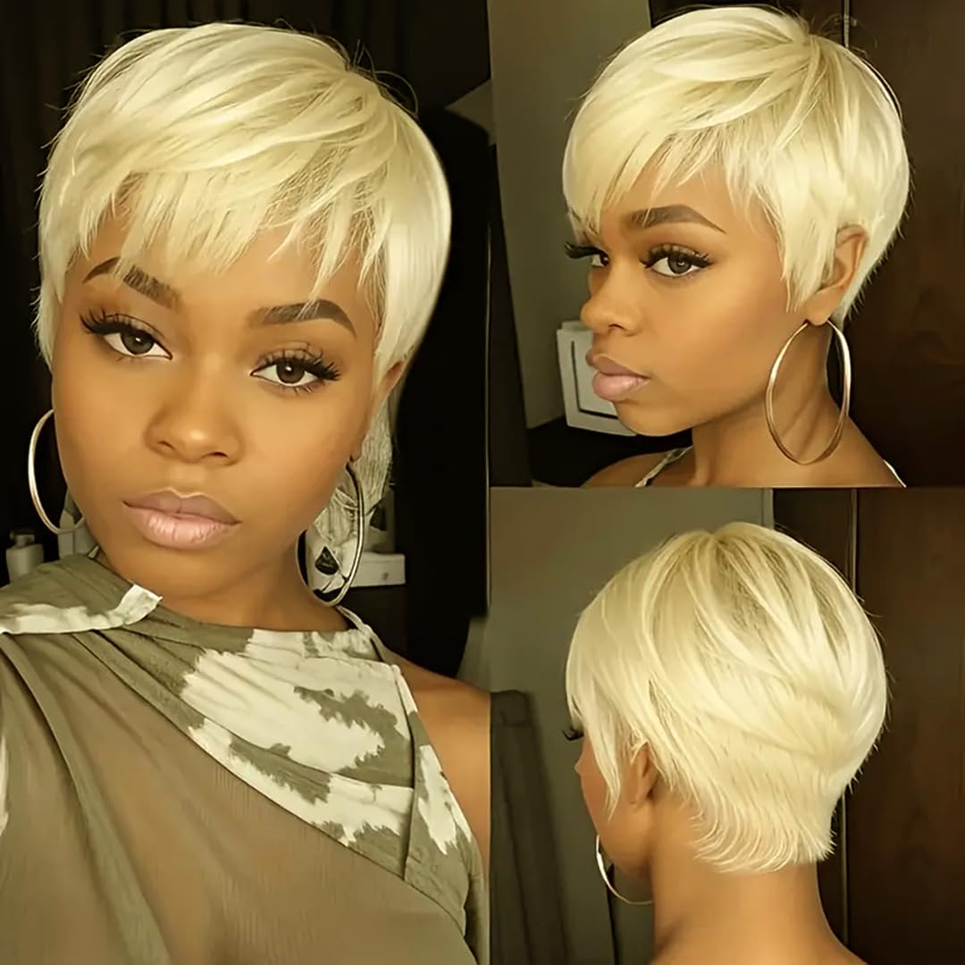 PangDongLai Short Layered Pixie Cut Wigs for Black Women Pixie Cut Human Hair Wigs for Women10A Daily Use Hair Chic Elegent Brazilian Virgin Straight Human Hair (613)