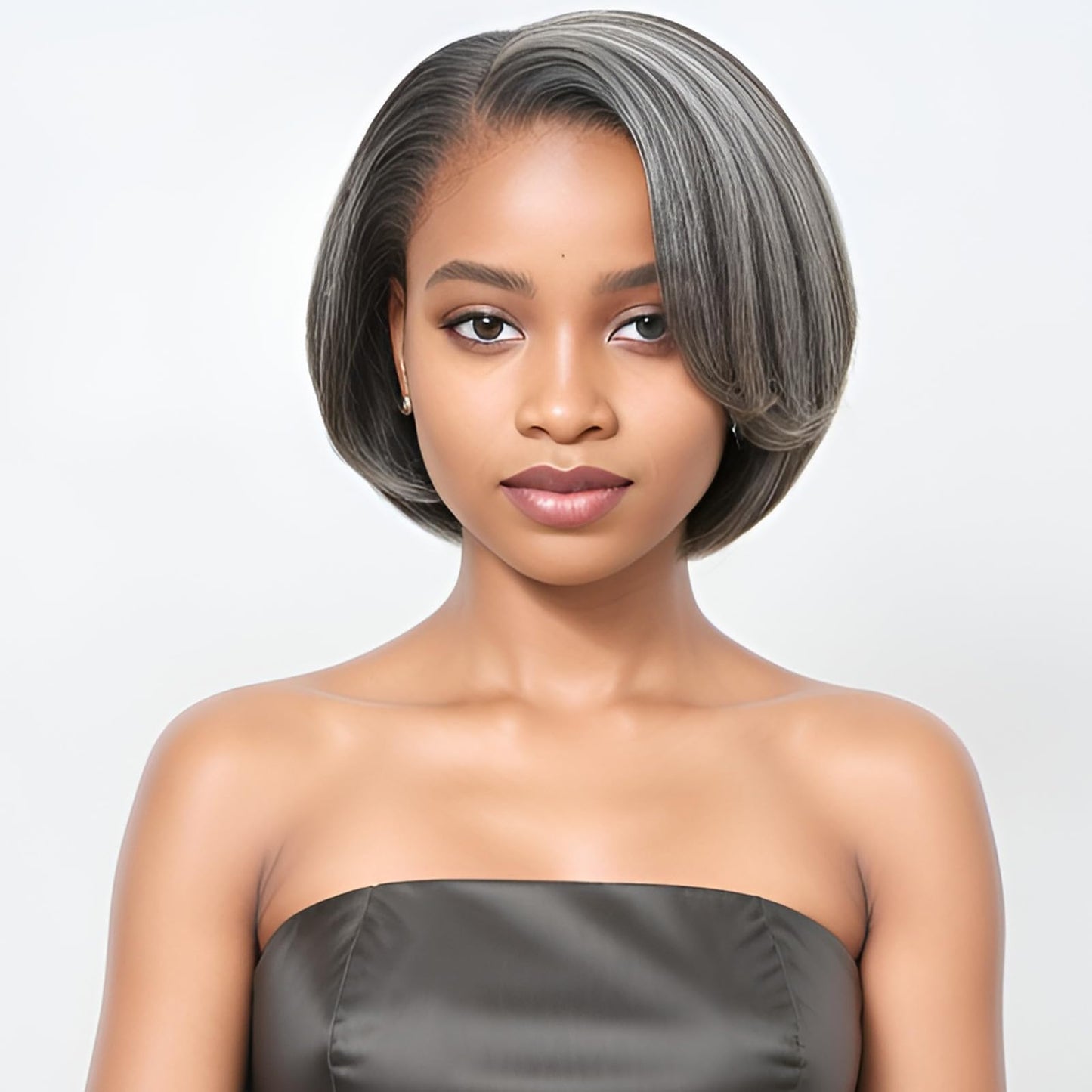 HANASCC 8" Glueless Straight Bob Salt and Pepper Wigs Human Hair Pre Plucked Gray Human Hair Wigs Short Pixie Cut Bob Wig Pre Cut 5x5 Closure HD Transparent Grey Lace Front Wigs for Women