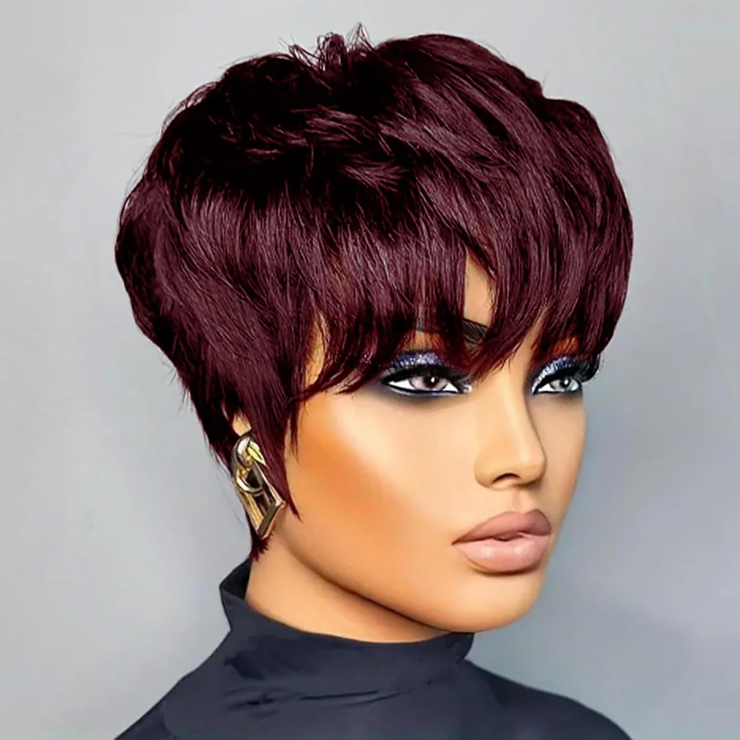 QiaQiaRing 10A Pixie Cut Wigs for Black Women Dark 99J Color Daily Use Color Short Layered Pixie Cut Human Hair Wigs With Bangs Brazilian Virgin Straight Human Hair(dark 99J)