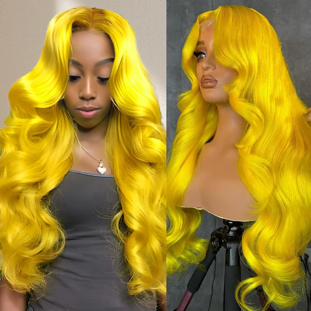 Yellow Lace Front Wig Human Hair 200% Density Yellow Human Hair Wig Body Wave Lace Front Wigs Human Hair Pre Plucked 13x4 HD Lace Frontal Wig Colored Wigs Human Hair 22 Inch