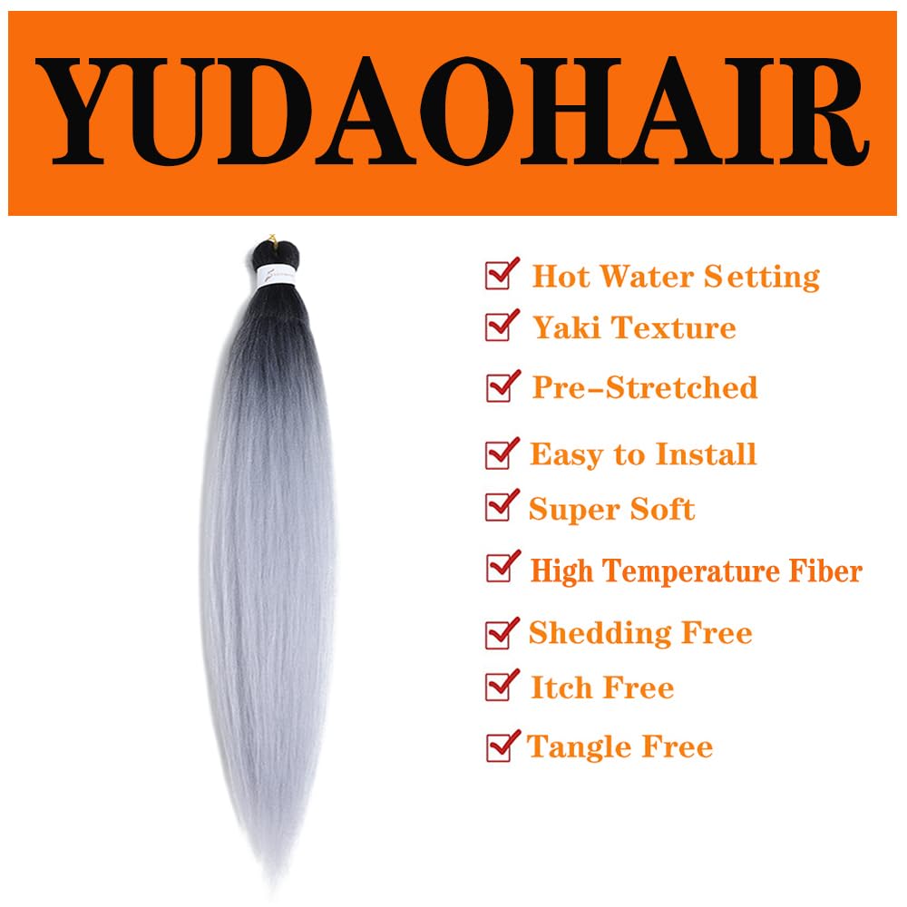 Pre Stretched Braiding Hair 26 Inch Ombre Red Kanekalon Braiding Hair Extensions Hot Water Setting Crochet Box Braids Hair (26 Inch (Pack of 1), Black-Silver Grey)