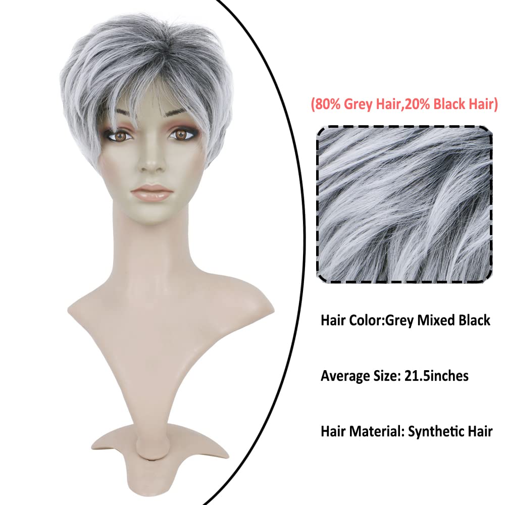 BECUS Short Gray Wigs with Bangs Sliver Gray Wigs Pixie Cut Layered for Women Synthetic with Free Wig Cap(Grey Mix Black)