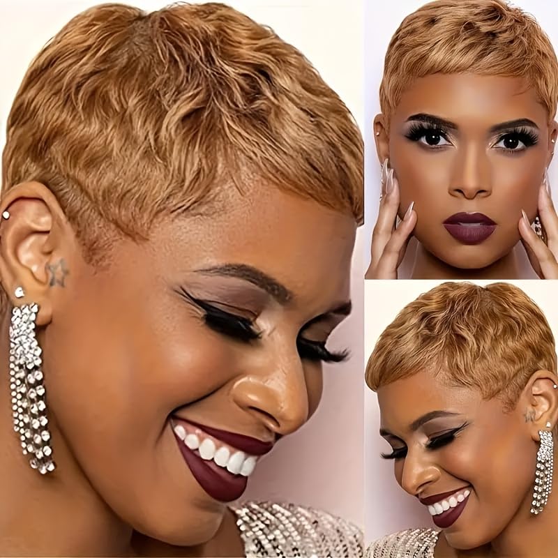 Amecire Brazilian Human Hair Pixie Cut Wig for Women Honey Blonde 180% Density Straight Short Wig with Bangs Non Lace Front Rose Net Cap for Party Cosplay Daily Use