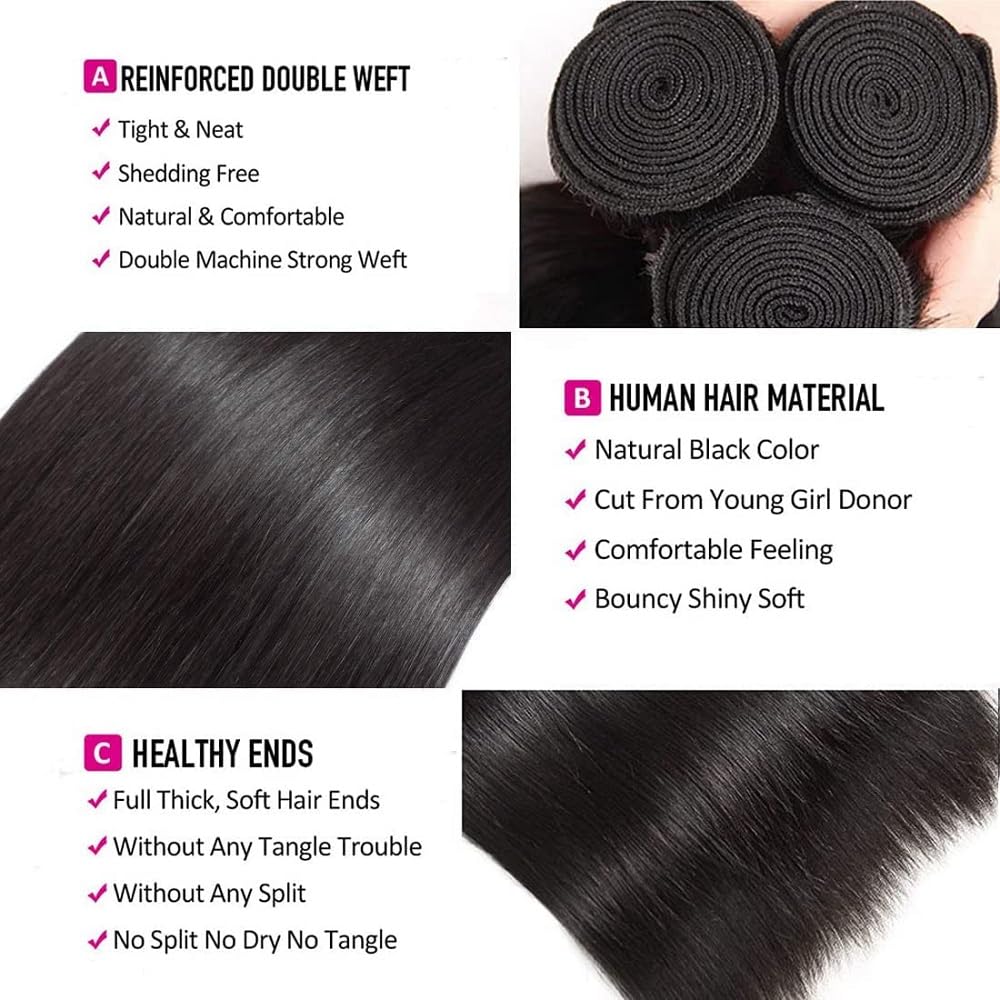 10A Straight Bundles Human Hair 14 16 18 Inch 100% Unprocessed Virgin Brazilian Straight Human Hair Weave 3 Bundles Natural Black Color