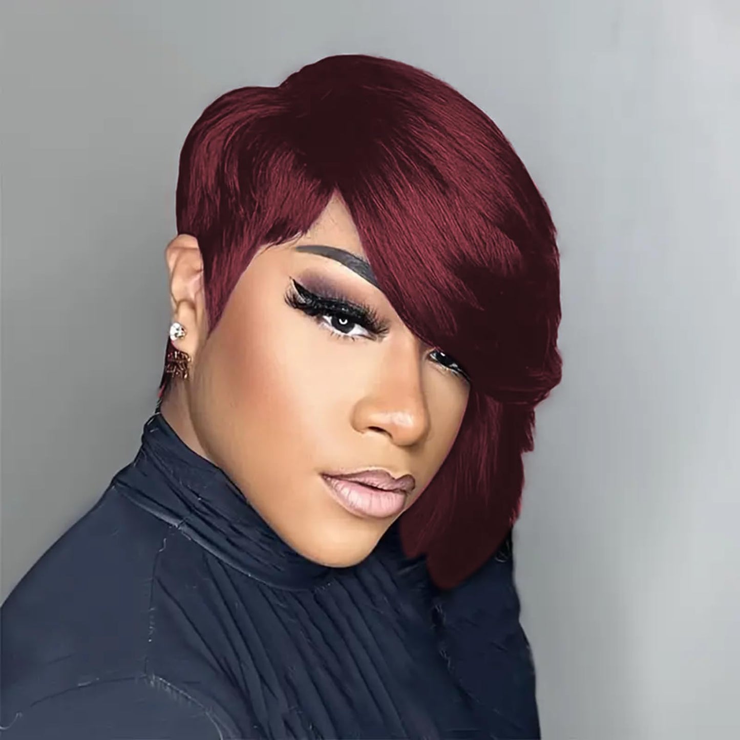 PangDongLai 10A Pixie Cut Wigs for Black Women Model Length Dark 99J Color Side Part Short Layered Pixie Cut Human Hair Wear and go Glueless Wigs With Bangs for Daily Use (dark 99J)