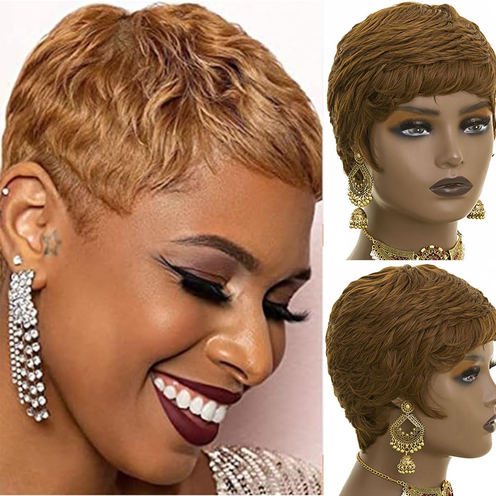Short Wig for Black Women Dark Brown Pixie Cut Wig for Women Auburn Short Pixie Wigs With Bangs Synthetic Hair Pixie Wigs for Black Women Short Wigs (Dark Brown)