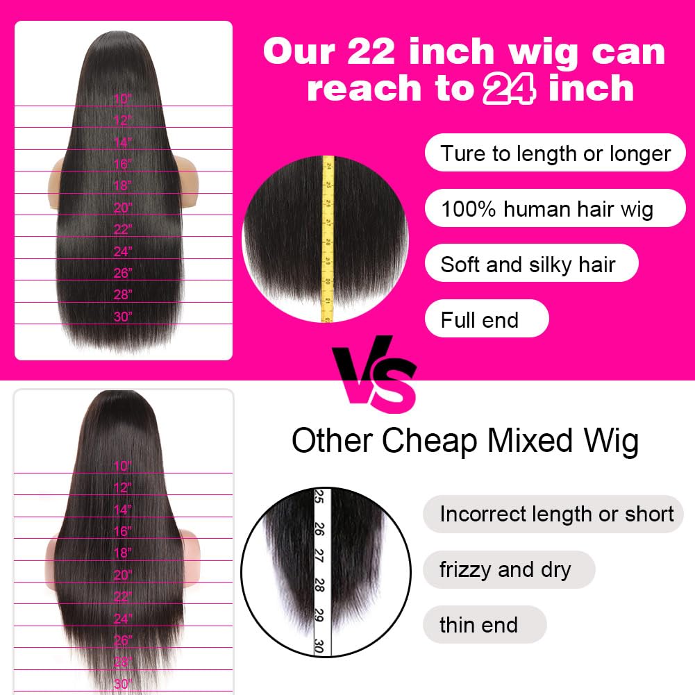 13x6 HD Lace Front Wigs Human Hair Pre Plucked Pre Bleached Knots with Baby Hair Glueless Lace Frontal Wigs Brazilian Unprocessed Waterfall Straight Human Hair Wigs for Women 200% Density (22 Inch)