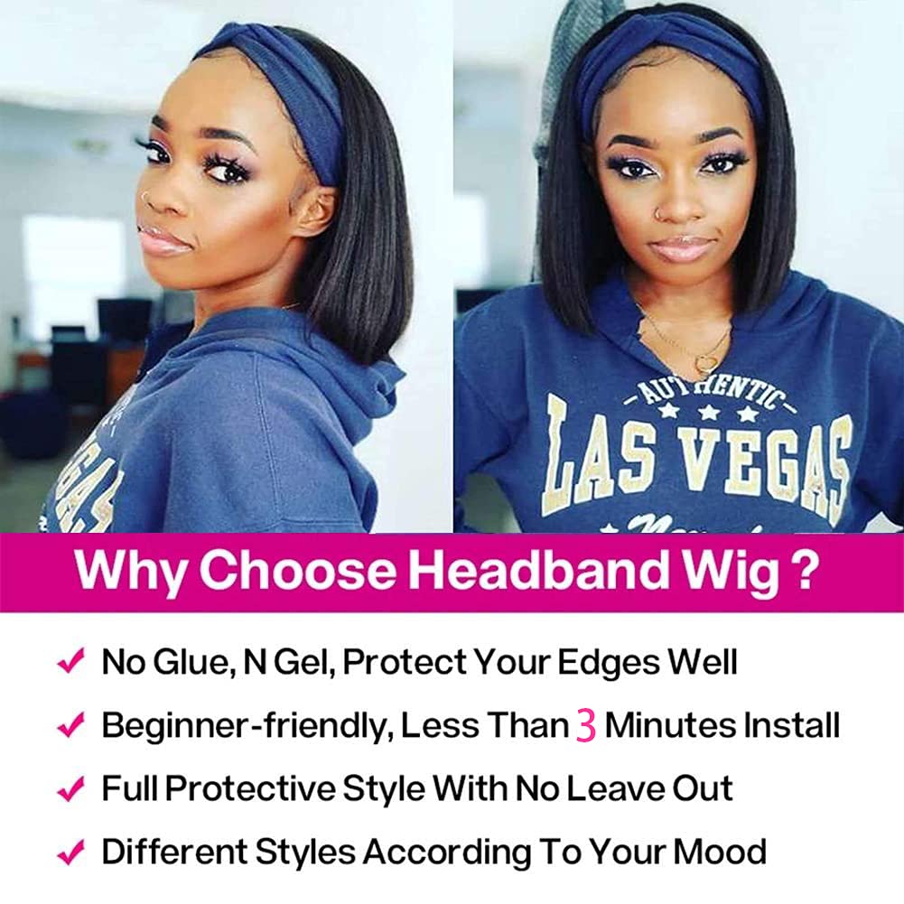 RUIP Straight Bob Headband Wigs 10inch short bob wigs for Black Women None Lace Half Wigs Natural Heat Resistant Synthetic Hair Headband Wigs for Cosplay Party Daily Use (10in), Natural black#1b