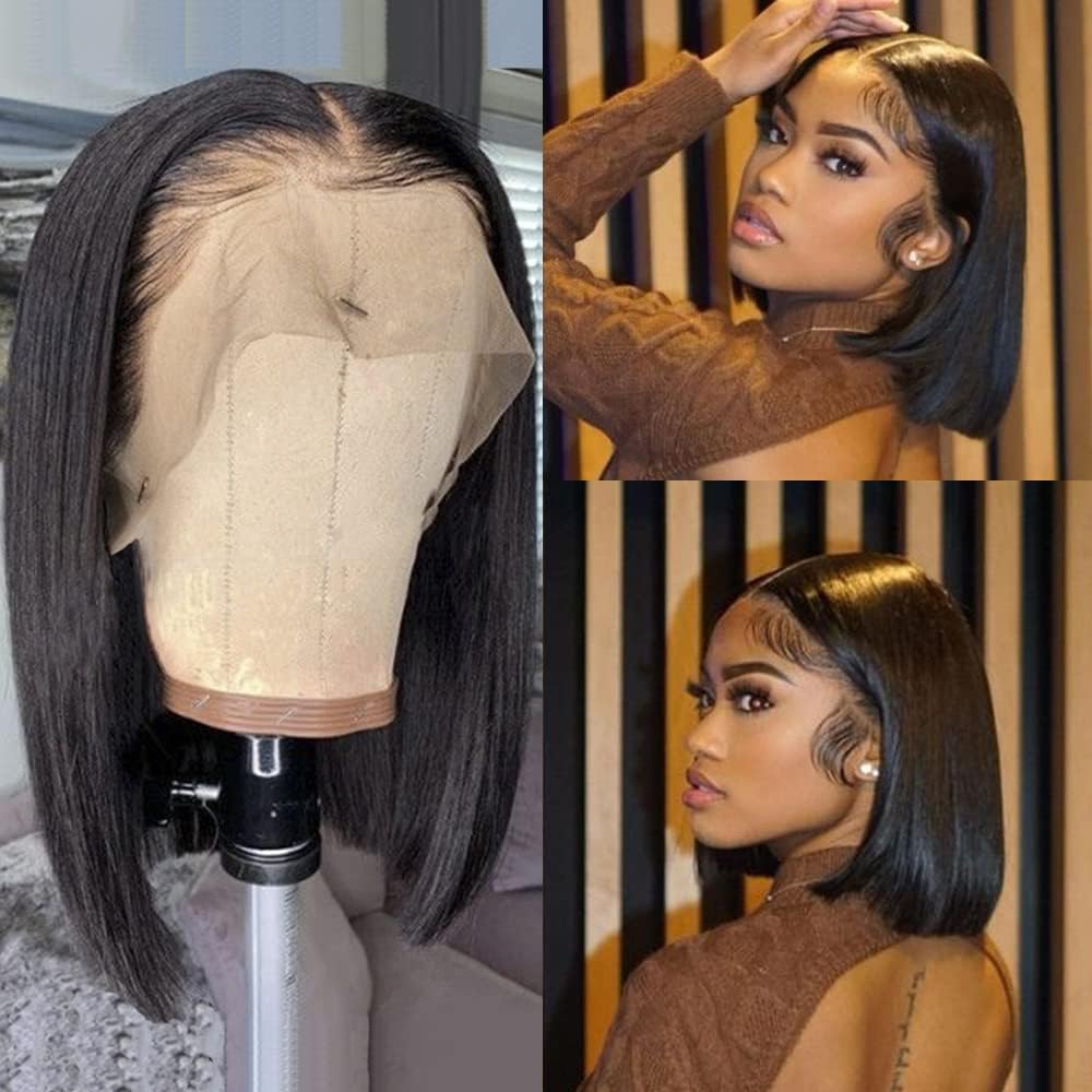 Karlami Bob Wig Human Hair Frontal Lace Wig Glueless Wigs Human Hair Pre Plucked Transparent Bob Lace Front Wigs for Women 150% Density (Natural color 13X6 straight bob, 8 inches)