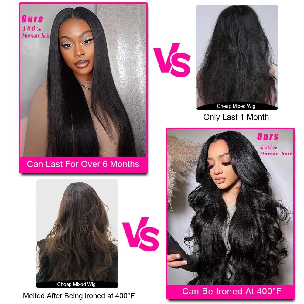 13x6 HD Lace Front Wigs Human Hair Pre Plucked Pre Bleached Knots with Baby Hair Glueless Lace Frontal Wigs Brazilian Unprocessed Waterfall Straight Human Hair Wigs for Women 200% Density (22 Inch)