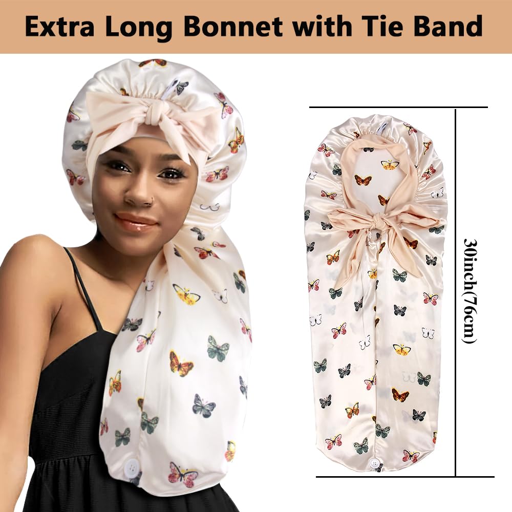 2pcs Long Satin Bonnets with Tie Band, Large Braid Bonnet Silky Hair Cap for Locs Women Sleeping, I
