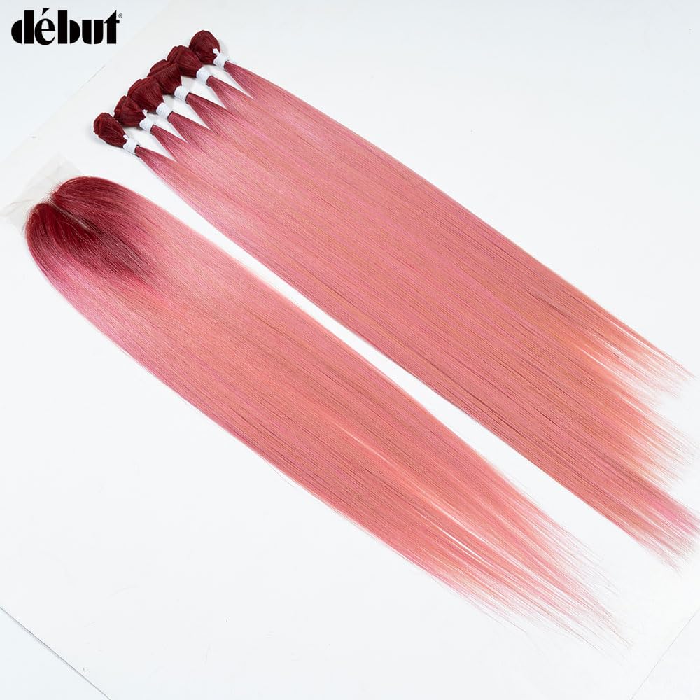 DÉBUT Ombre Red to Pink Synthetic Silky Straight 6 Bundles with Lace Front Closure 26 28 30 Inches Long Straight Hair Bundles Weave with Hand-Tied Middle Parting Lace Closure Ombre Pink
