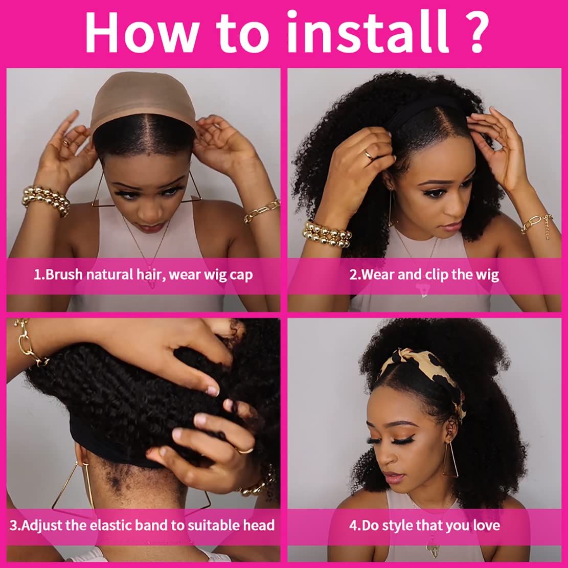 Aiterina Headband Wig Deep Wave Human Hair Wigs Virgin Hair Wigs 14 Inch None Lace Front Wigs For Black Women Deep Wave Machine Made Wigs Natural Color