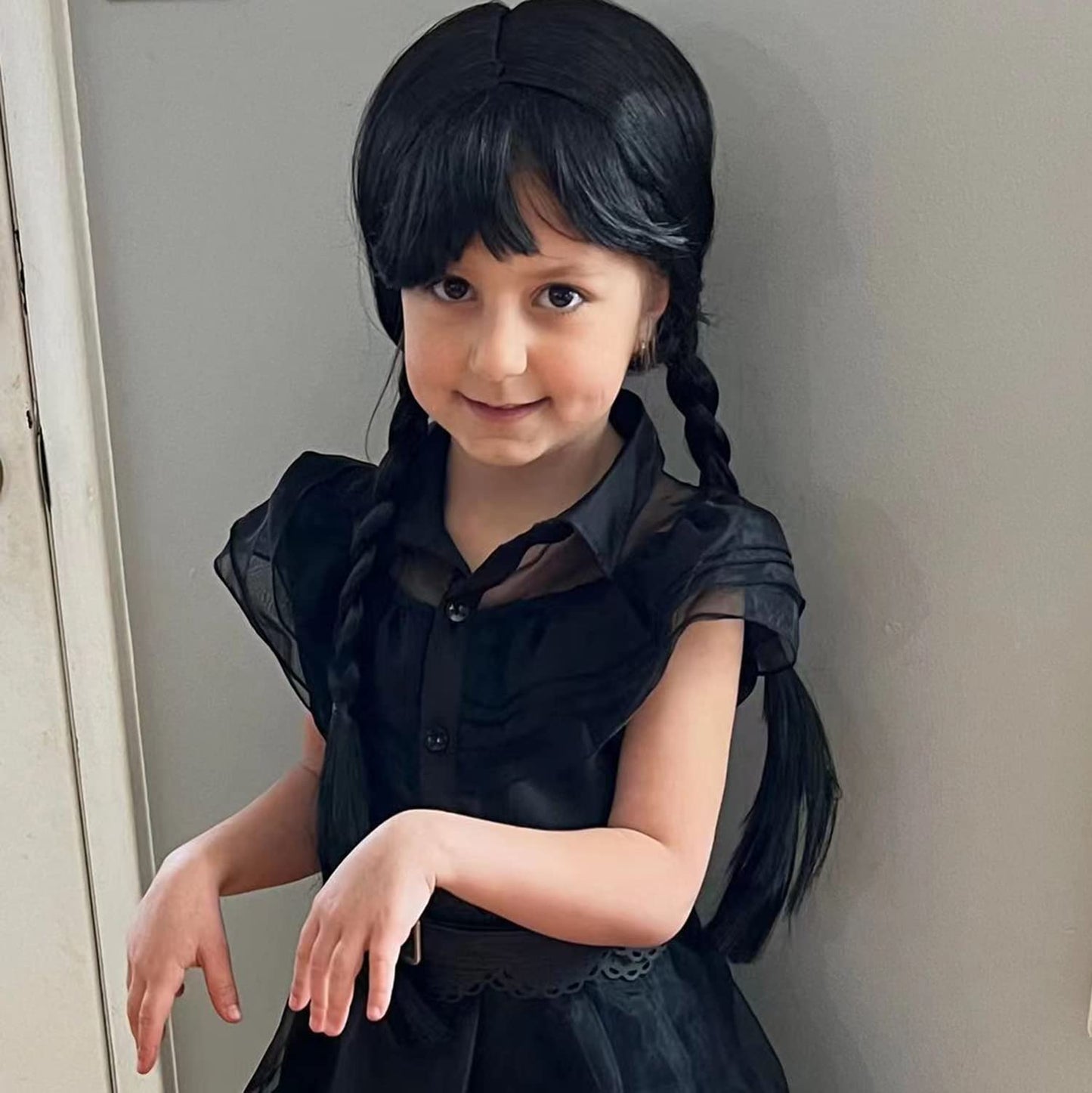 WanBigVa Long Black Braided Wig with Bang for Kids Girls Gothic Party Cosplay Hair for Halloween Costume Dress-up