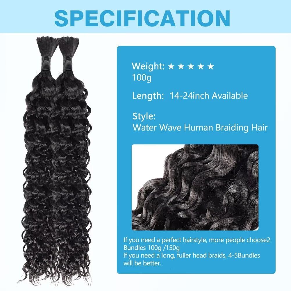 Human Braiding Hair Water Wave Bulk Human Hair 100g 18 Inch Natural Black Curly Human Hair for Boho Braids Hair Extensions No Weft 2 Braids Per Pack Wet and Wavy Human Hair Braiding Hair