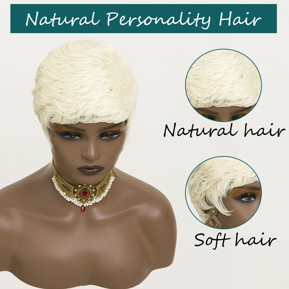 613 Blonde Pixie Cut Wig Short Wigs for Black Women Short Wavy Hair Replacement Blonde Pixie Synthetic Hair Curly Layered Wig With Bangs Short Cut Wigs for Black Women