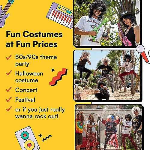 Watt's Wigs - 80s Hair Metal Rocker Costume Set - Glam Rock Band Black Curly Wig with Paisley Print Stretch Fabric Headband, Color Tattoo Sleeve, and Biker Glove - One Size Fits All (Black)