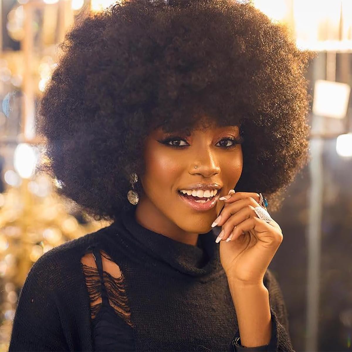 70's Afro Wig for Women, Natural Black Short Afro Kinky Curly Wig, Glueless Synthetic Wig with Bangs, Puffy & Fluffy Bouncy Afro Wig for Daily Cosplay Party