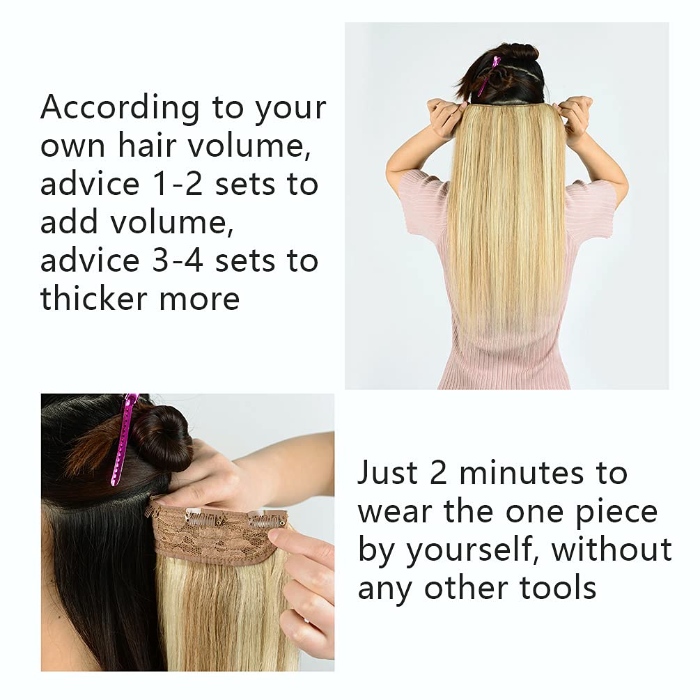 Winsky Hair Extensions Real Human Hair Clip in - One Piece Brown Highlights Blonde Remy Hair Pieces 70gram for Women (14inch, 18/613)