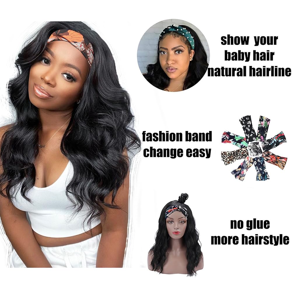 Colorful Queen Glueless Headband Wig Synthetic Long Black Body Wave Headband Wigs for Black Women Natural Looking Wavy Wig Heat Resistant 180% Density(16inch, 1B#)