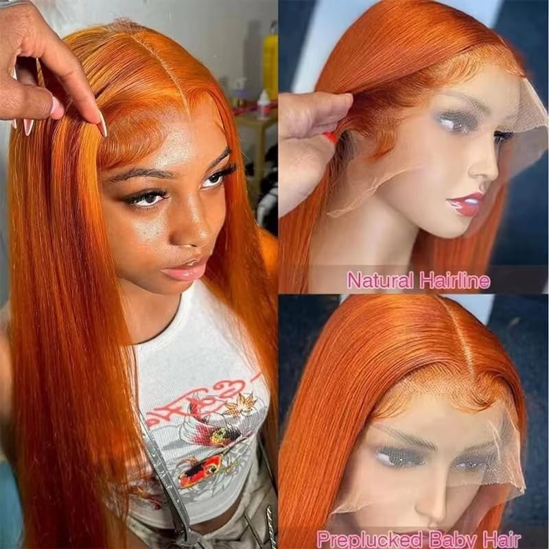 VIPPRETTY Ginger Synthetic Wig13x6 150% Density Straight Ginger Orange Lace Front Wigs Synthetic hair 350 Colored HD Transparent Lace Frontal Wig Pre Plucked With Baby hair