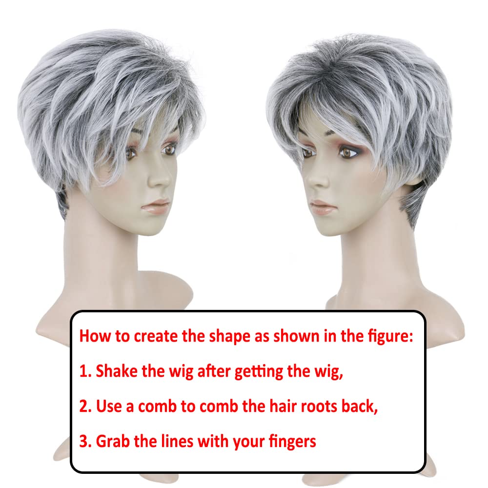 BECUS Short Gray Wigs with Bangs Sliver Gray Wigs Pixie Cut Layered for Women Synthetic with Free Wig Cap(Grey Mix Black)