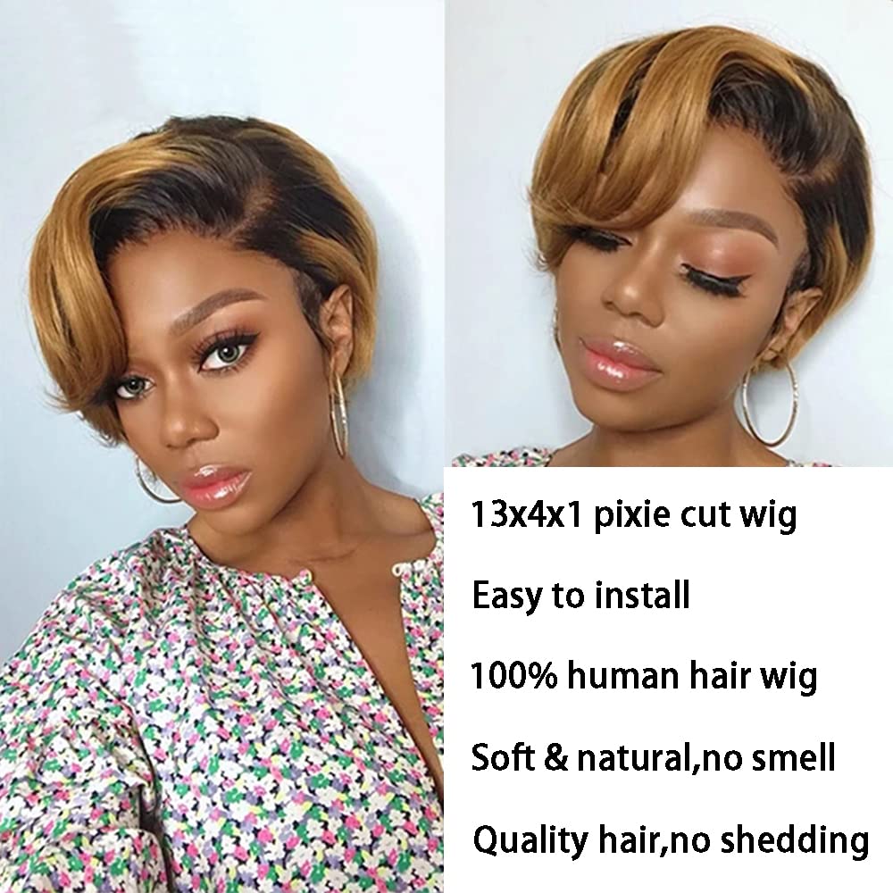 Usexy Hair Pixie Cut Lace Front Wigs Human Hair 0T30 Color 13x4x1 Lace Front Wigs Human Hair Short Bob Wigs Straight Lace Front Pixie Cut Wigs For Black Women