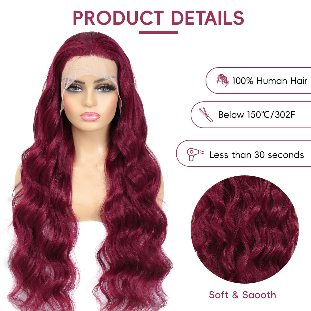 99j Burgundy Lace Front Wigs Human Hair 200% Density HD Lace Front Wig Pre Plucked 13x4 Body Wave Glueless 28 Inch