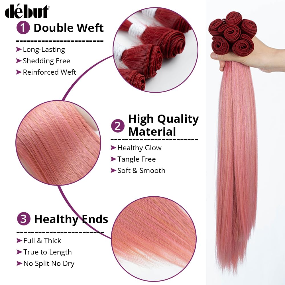 DÉBUT Ombre Red to Pink Synthetic Silky Straight 6 Bundles with Lace Front Closure 26 28 30 Inches Long Straight Hair Bundles Weave with Hand-Tied Middle Parting Lace Closure Ombre Pink